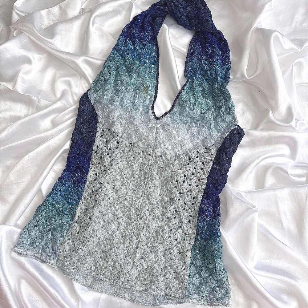 Missoni Blue Ombre Metallic Crochet Halter Top Size 42